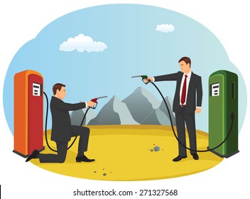 Business People Are Pointing Fuel Nozzle At Each Other Like A Duel. Competition In The Oil Industry.