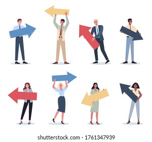 Business people pointing to something with big arrow set Female and male business worker smiling and showing something. Successful employee, achievement concept. Flat vector illustration