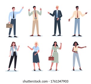 Business people pointing up something set. Female and male business worker smiling and showing something with gesture. Successful employee, achievement concept. Flat vector illustration