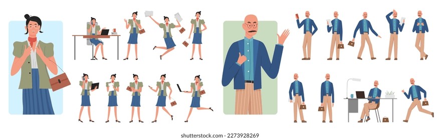 Business people pose set vector illustration. Cartoon isolated busy businessman and businesswoman in office outfit, corporate managers working and talking phone, running with briefcase and walking