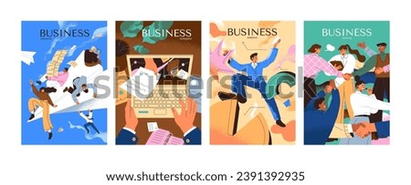 Business people poster. Teamwork in project. Employee works on workplace, take online offer. Marketing analysis. Businessman team, community meeting, communicate, brainstorm. Flat vector illustration