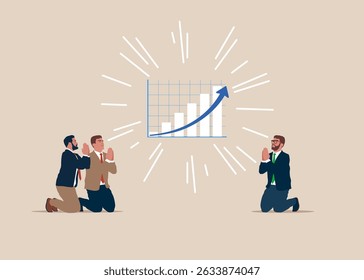 Empresários rezando de joelhos para o com crescente gráfico de crescimento do lucro. Crescimento dos lucros de investimento, consultor financeiro. Ganhe dinheiro para enriquecer ou aumentar o salário ou a renda.