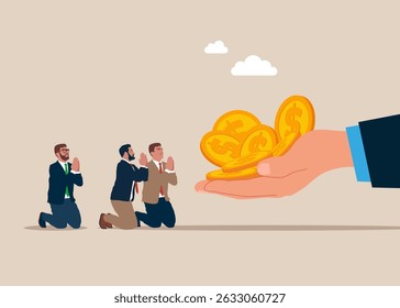 Empresários rezam por dinheiro. Mostra empresários que precisam de ajuda financeira, destacando suas lutas e situação urgente. Ilustração de vetor plano