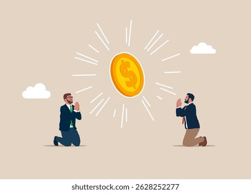 Empresários rezam por dinheiro. Adoração ao dinheiro. Ilustração vetorial moderna em estilo plano