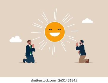 Empresários rezam por sol e felicidade e alegre. Adoração da felicidade do trabalho, desfrutar da satisfação do trabalho ou da carreira. Ilustração vetorial moderna em estilo plano