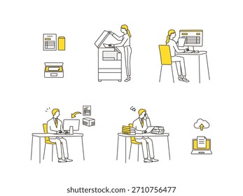 Geschäftsleute bereiten elektronische Daten von Dokumenten vor. digitale Transformation. Vektorgrafik-Set Linienzeichnung.