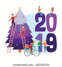 Business people preparing for New Year with Santa hats. Inscription New Year 2019. Christmas tree.