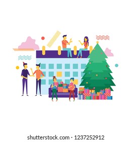 Business people preparing for New Year with Santa hats. Inscription Christmas tree.