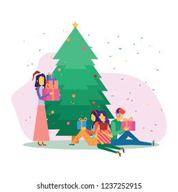 Business people preparing for New Year with Santa hats. Inscription Christmas tree.