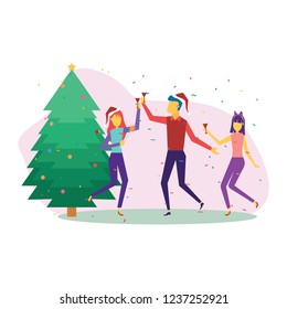 Business people preparing for New Year with Santa hats. Inscription Christmas tree.