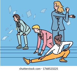 Business people are preparing to run on the track. hand drawn style vector design illustrations. 