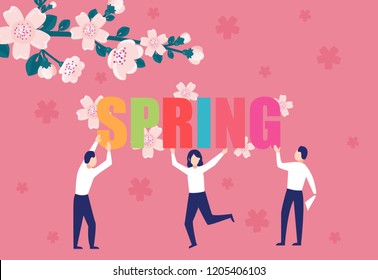 Business people preparing for Spring .Men and women building a word Spring, in flat modern style. Team work, get ready for Spring and Spring holidays.
