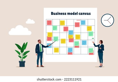 Business people present business model on whiteboard. Brainstorm for business idea or plan to achieve goal, management strategy. Flat vector illustration. svg