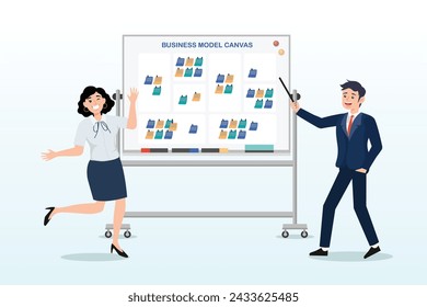 Business people present business model on whiteboard, business model canvas, brainstorm for business idea or plan to achieve goal, management strategy, product research or how to make money (Vector)