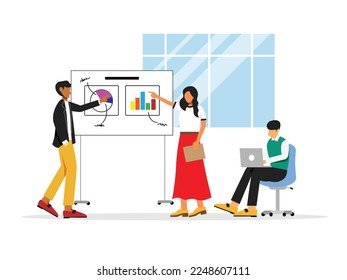 Business people presenting, meeting, discussing idea. Teamwork office concept illustration isolated on white