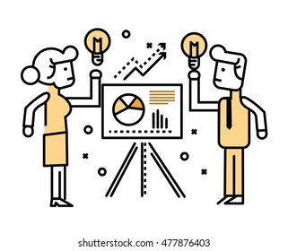 Business people  presenting and sharing business ideas on board. flat line design elements. vector illustration