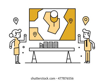 Business people  presenting and sharing location planing on board. flat line design elements. vector illustration