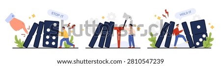 Business people proactively prevent crisis chain reaction by stopping falling domino effect with teamwork communication leadership risk control strategy isolated white background vector illustration