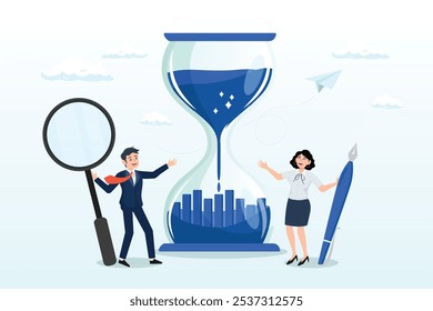 Business people project manager analyse time graph in sandglass, time management or employee timesheet analysis, time tracking efficiency or productivity, working hour or project schedule concept