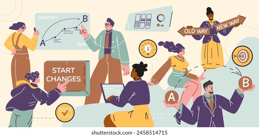 Business people project managers analysis and makes decisions vector flat illustration. Change management, improvement and development for self or the business. Goal achievement, progress strategy