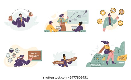 Business people project managers analysis and makes decisions vector illustrations set. Change management, improvement and development for self or the business. Goal achievement, progress strategy