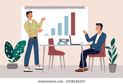 Business people project presentation. Employee shows graphs to boss. Office work management. Manager talks about strategy. Man presenting to infographic on whiteboard