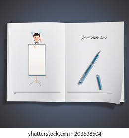 Business people with projector screen printed on book.