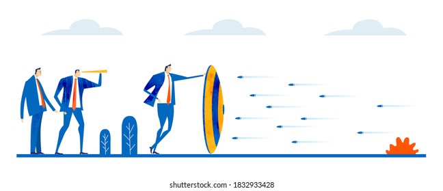 Business people protect themselves with the shield. Security, safety, data protection concept 