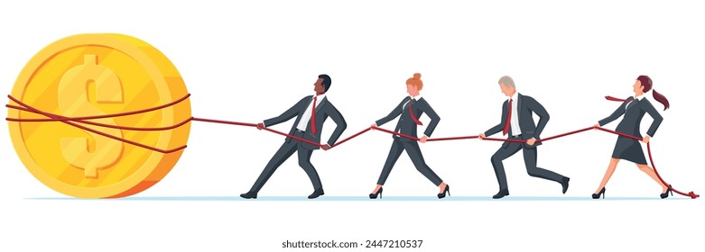 Business Menschen Pull of Rope mit Goldmünze. Mann und Frau Tauziehen. Team Arbeit, Hilfe und Support. Geschäftsziel, Rivalität, Wettbewerb, Konflikt. Leistung, Erfolg. flache Vektorillustration