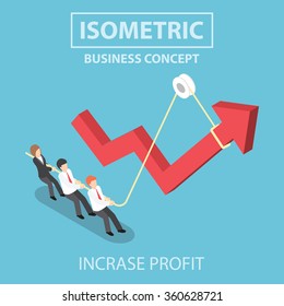 Business people pulling up arrow graph by using rope, Flat 3d web isometric infographics design, VECTOR, EPS10