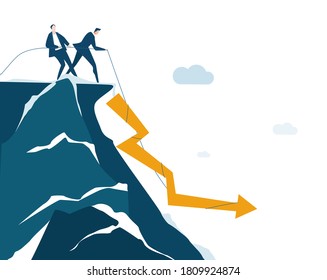 Business people pulling an arrow, which fall down from the top of the mountain 