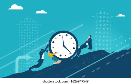 Business people pulling up clock to the top of mountain. Working together, Time makes money concept illustration.