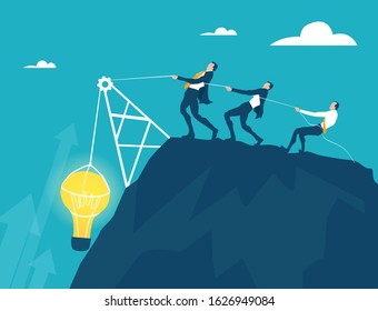 Business people pulling light bulb uphill as symbol of leadership, ambition, team effort, support and delivery new ideas, solving the problem, professional growth and success.
