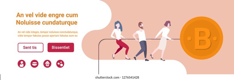 business people pulling rope big bitcoin icon mining crypto currency concept successful teamwork strategy growth wealth flat horizontal copy space