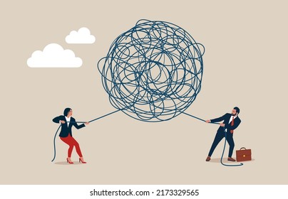 Business people pulling at tangled rope in opposite directions. Concept vector illustration.