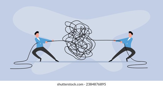 Business people pulling at tangled rope in opposite directions 2D flat vector concept for banner, website, illustration, landing page, flyer, etc