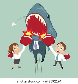 Business people punches shark businessman ?be defeated, vector illustration cartoon