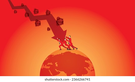 business people push a down graph of CO2e, to protect the red and hot earth. Net zero carbon footprint emission, Sustainability, Global heating, Climate emergency, crisis, and environmental concept.