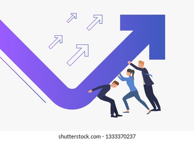 Business people pushing financial graph arrow going up. Growth, success, crisis management, teamwork concept, presentation slide template. Can be used for topics like business, finance, marketing