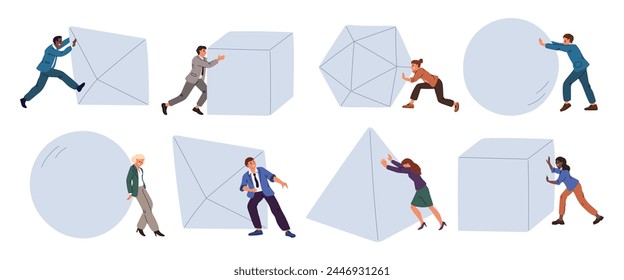 Business people pushing geometric shapes. Office staff move large plaster figures. Businessman pulling heavy form. Persons striving for success. Overcome challenge