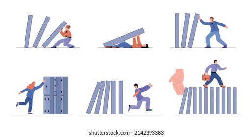 Business people pushing and holding row of falling domino. Do not give up concept set of business infographics, flat vector illustration isolated on white background.