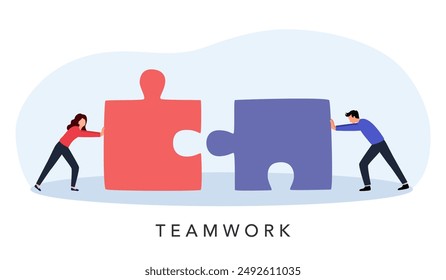 Business people pushing huge pieces of one puzzle towards each other. Teamwork concept.