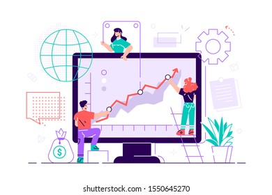 Los empresarios están aumentando su gráfico. Trabajo en equipo. Presentación de negocios. Ilustración vectorial plana. Diseño gráfico concepto de negocio asistente móvil, banca móvil. Asistente de negocios.