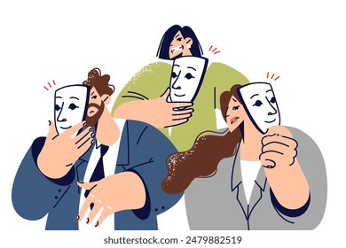 Business people put on masks to simulate emotions and deceive victims, working for fraudulent company. Concept of toxic atmosphere in company team, due to employees hiding faces under masks