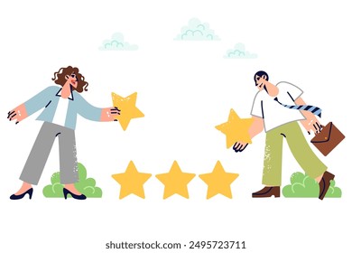 Business people put rating stars in pile, rushing to share feedback about quality product and good work of staff. Concept for improving rankings on website with reviews and feedback from users