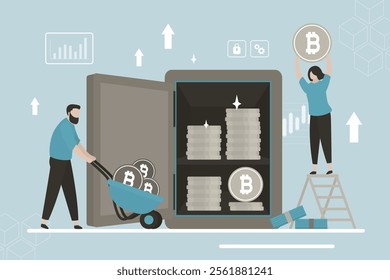 Business people putting bitcoins into strong box. Crypto currency savings concept. Investors insert bitcoin in virtual metal safe. Asset management. Deposit, finance, investment. vector illustration