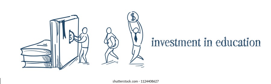 business people putting money in book stack bank investment in education concept on white background banner sketch doodle vector illustration