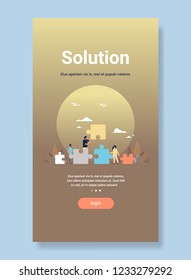 business people putting parts of puzzle problems solution concept successful teamwork strategy vertical flat copy space vector illustration
