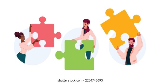 Business People with Puzzle Pieces Isolated Round Icons or Avatars. Team Coworking, Cooperation, Joint Work, Partnership Concept. Office People Work Together. Cartoon Vector Illustration