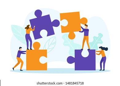 Business people with puzzle pieces working together. Teamwork concept. Vector illustration